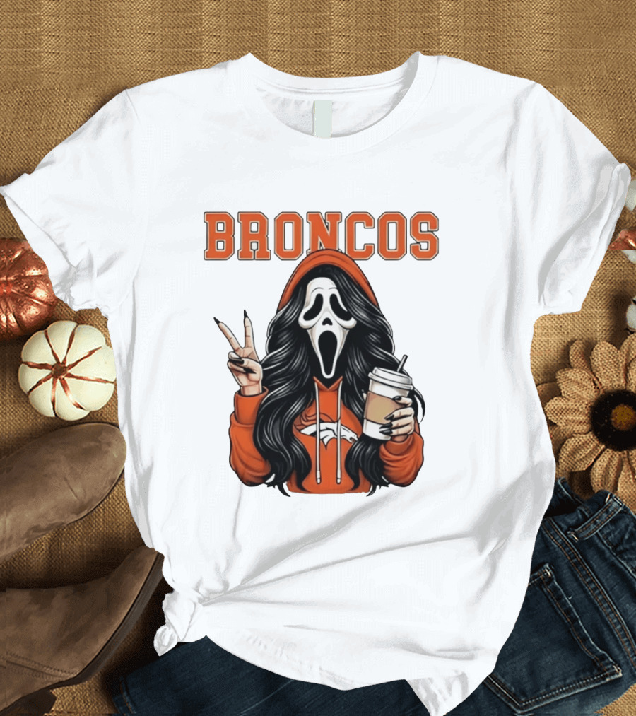 Broncos Ghostface Scream Halloween Coffee Peace Sign T-Shirt