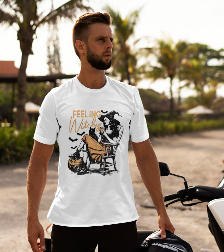 Feeling Witchy Witch With Pumpkin And Bats Halloween Vibes T-Shirt