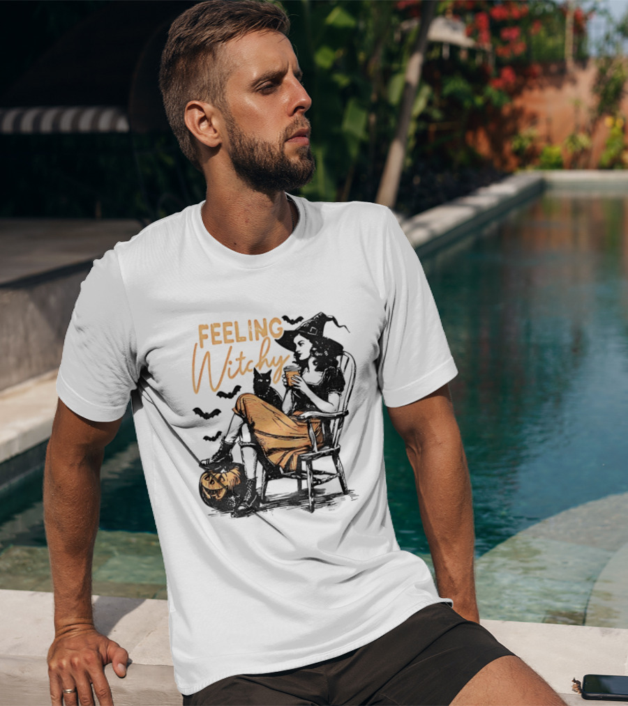 Feeling Witchy Witch With Pumpkin And Bats Halloween Vibes T-Shirt