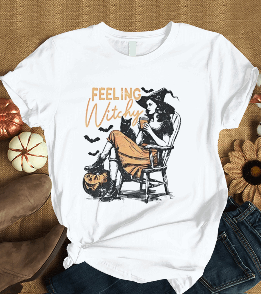 Feeling Witchy Witch With Pumpkin And Bats Halloween Vibes T-Shirt