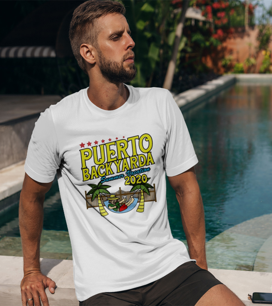Puerto Backyarda Summer Vacation 2020 Relaxing Hammock Palm Trees Retro Cartoon T-Shirt