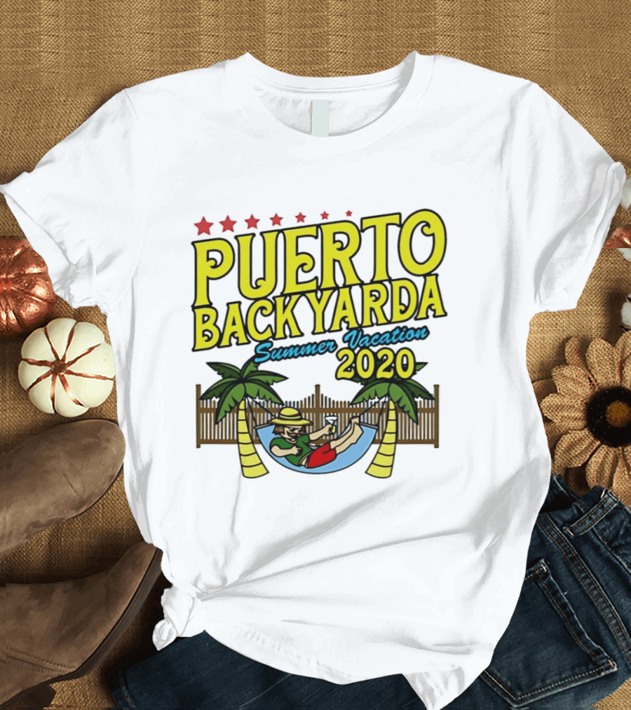 Puerto Backyarda Summer Vacation 2020 Relaxing Hammock Palm Trees Retro Cartoon T-Shirt