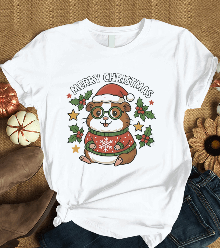 Merry Christmas Santa Guinea Pig In Holiday Sweater With Holly And Stars T-Shirt