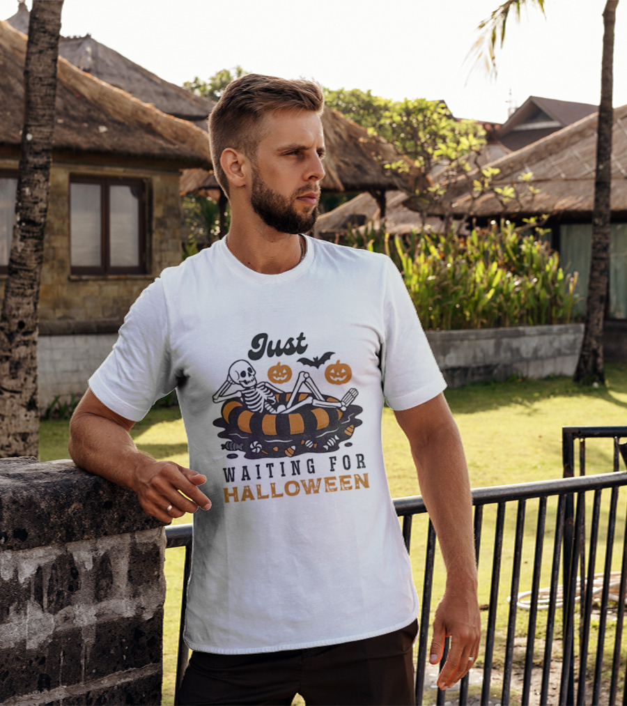 Just Waiting For Halloween Skeleton Beach 2025 T-Shirt