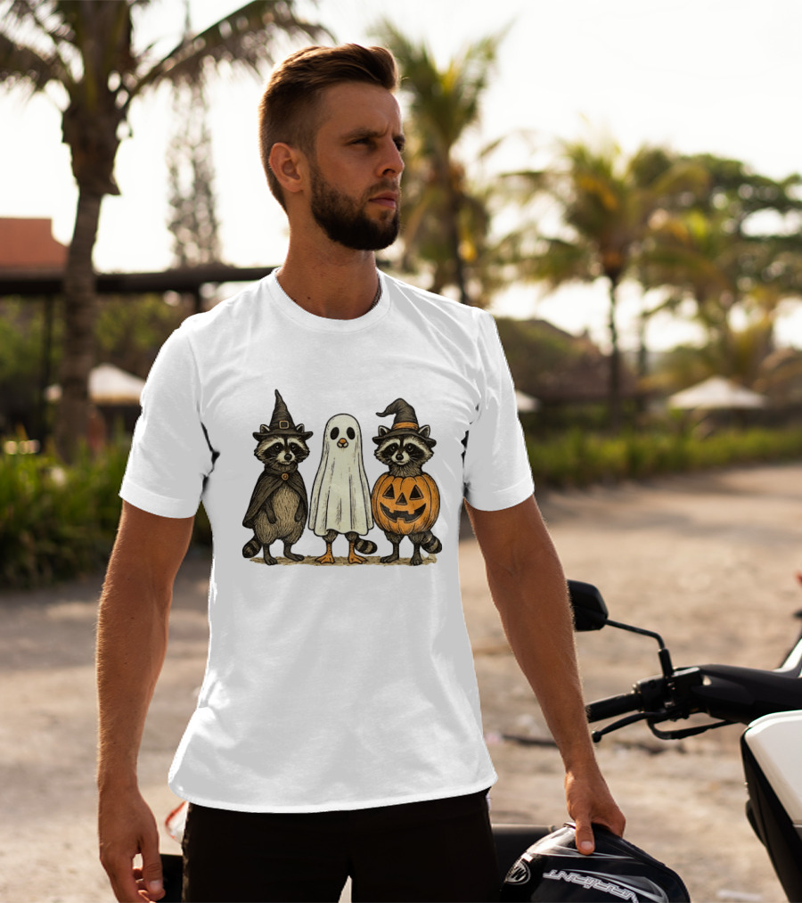 Spooky Boo Ghost Raccoon Pumpkin Raccoon Witch Hat Happy Halloween 2025 T-Shirt