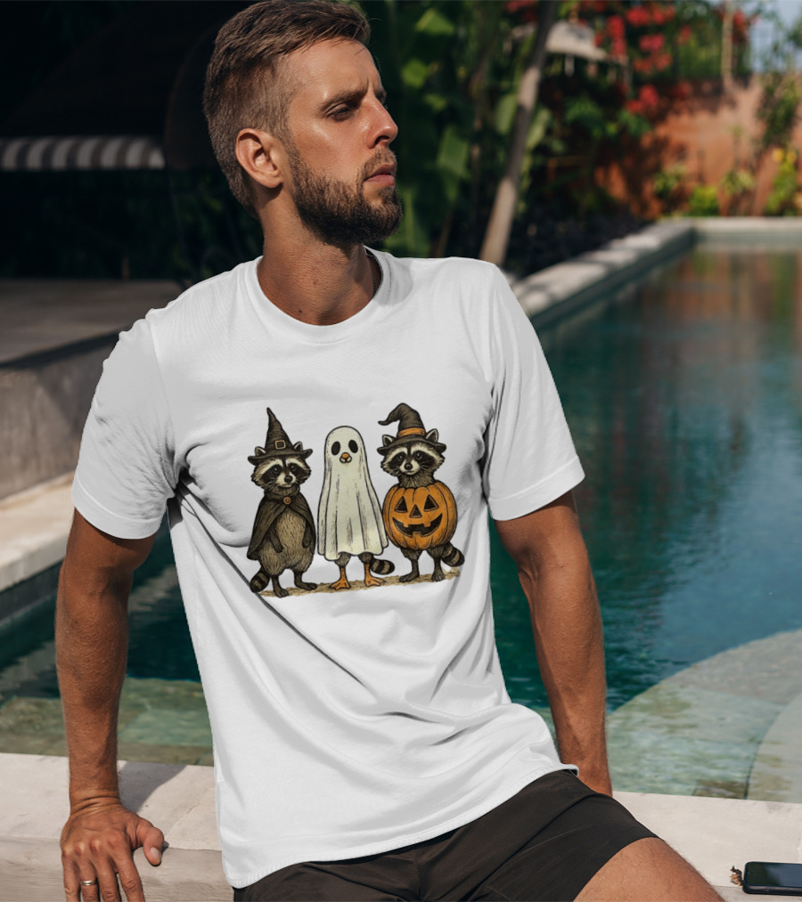 Spooky Boo Ghost Raccoon Pumpkin Raccoon Witch Hat Happy Halloween 2025 T-Shirt