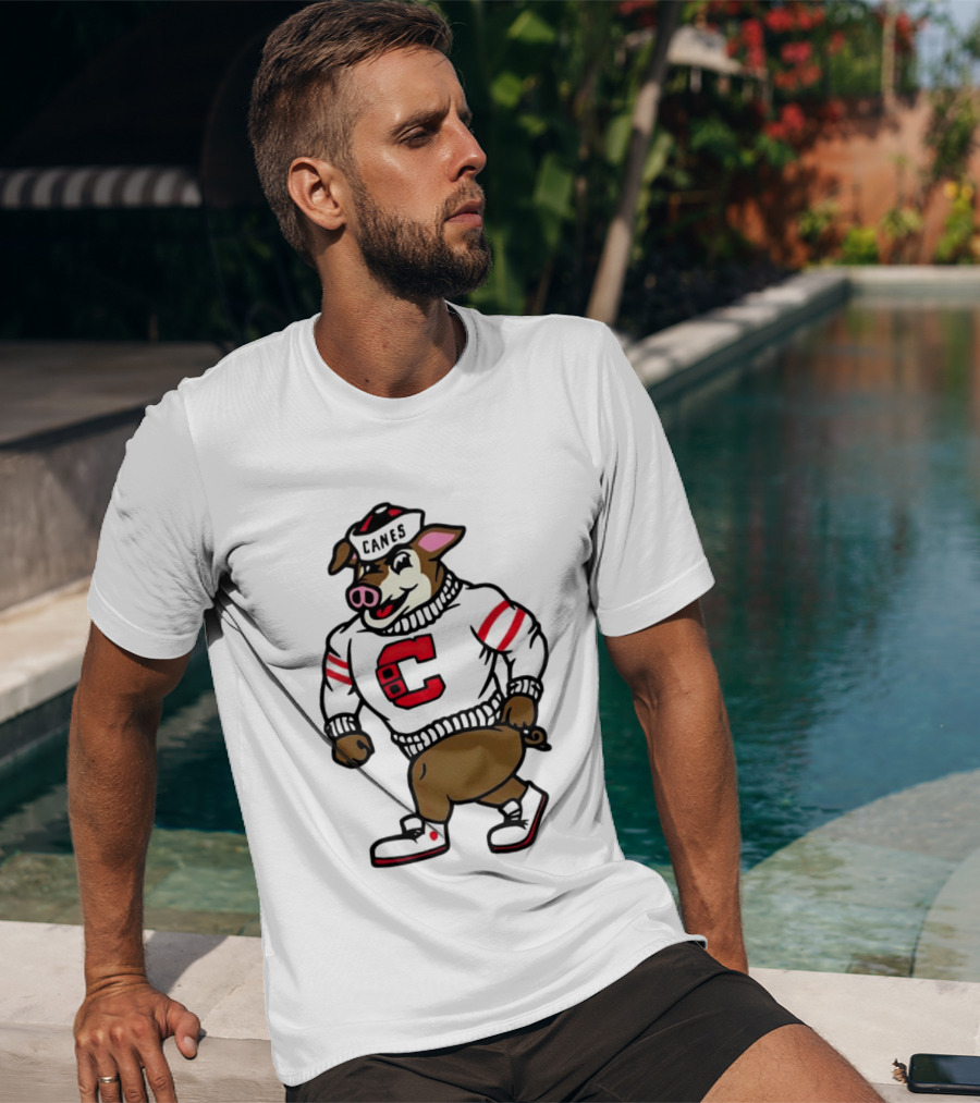 Canes Mascot Pig In Red And White Sweater With Stripes T-Shirt