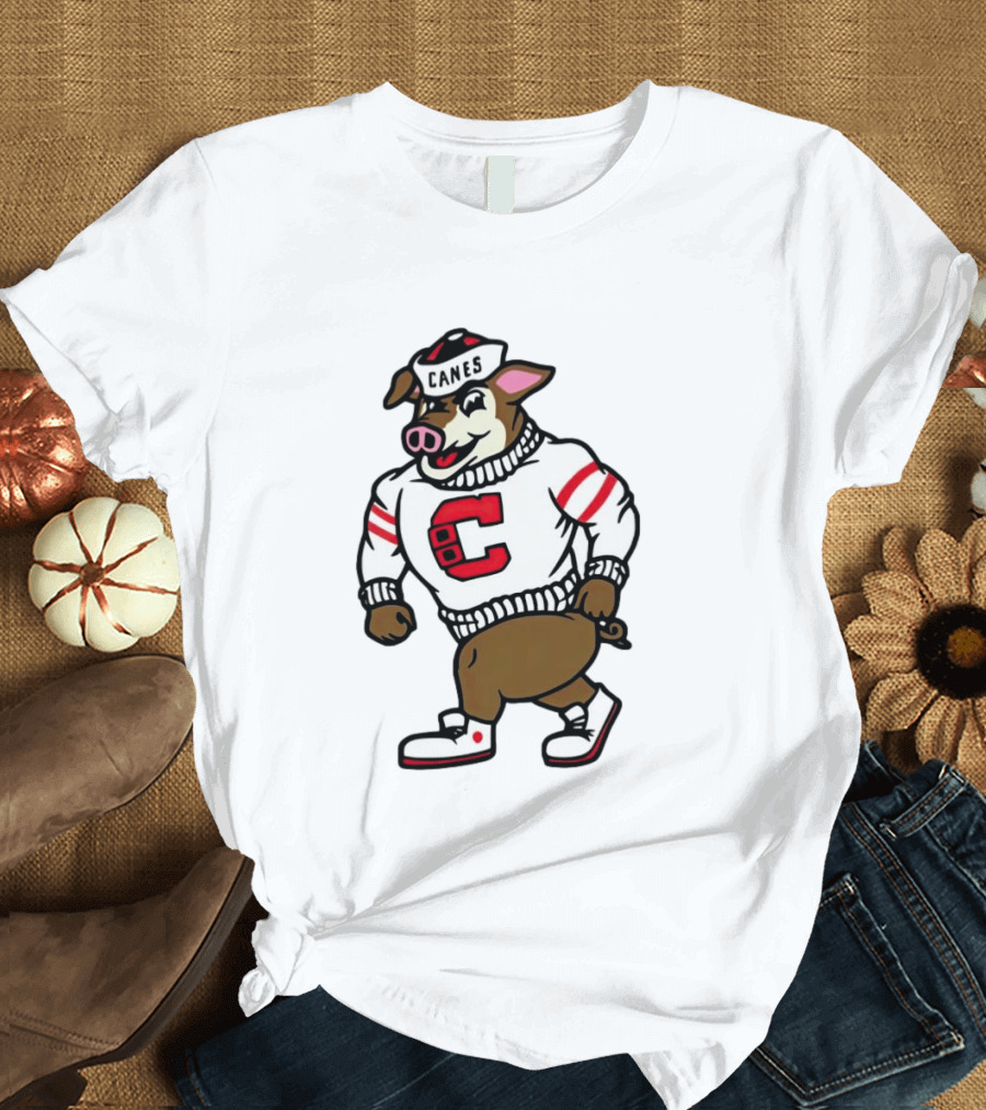 Canes Mascot Pig In Red And White Sweater With Stripes T-Shirt