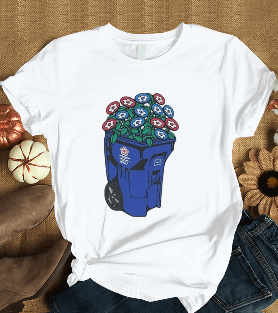 Vandy The Pink Trash Can Blue Recycling Bin Flowers T-Shirt