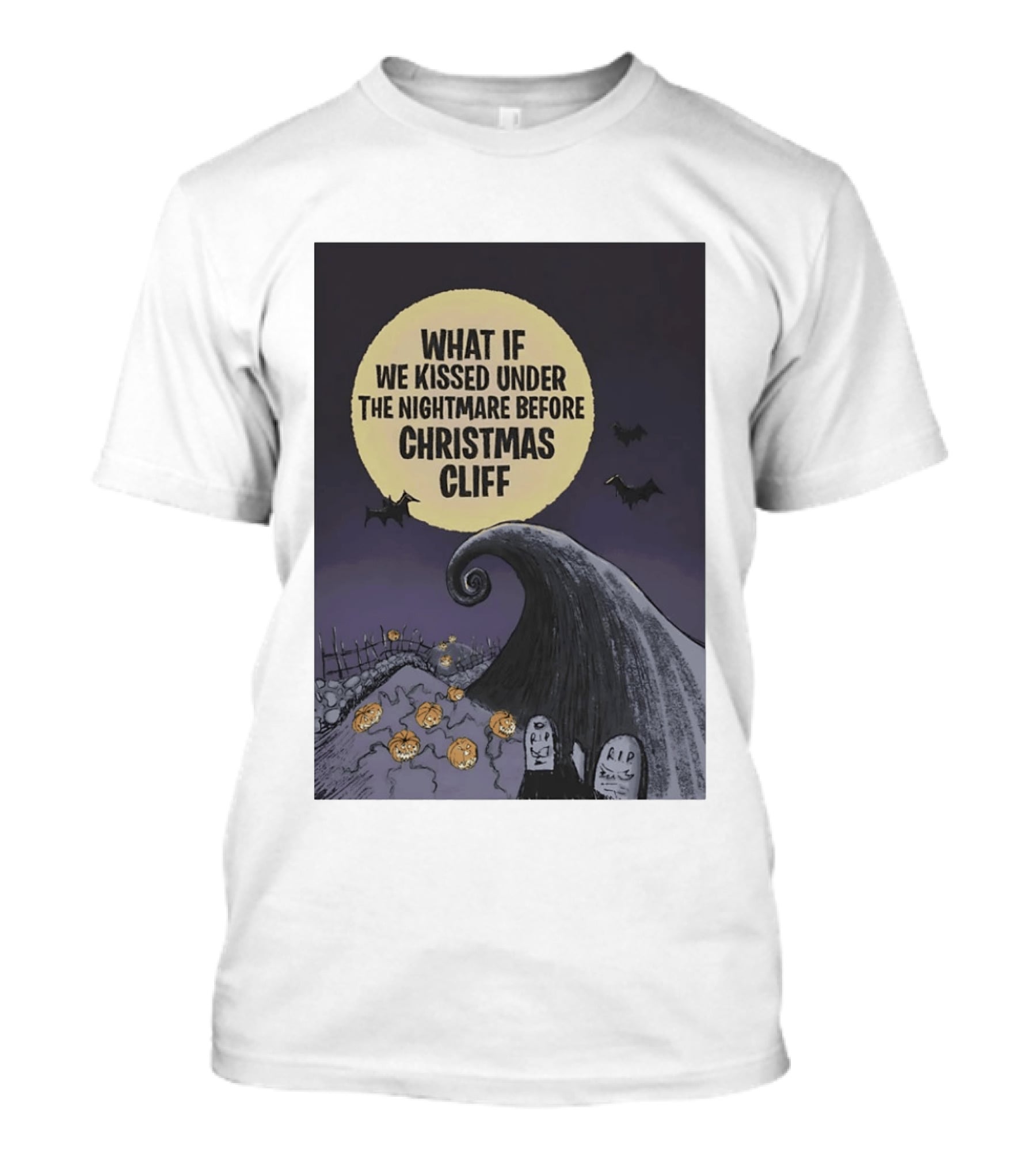What If We Kissed Under The Nightmare Before Christmas Cliff Halloween Moon Bats Pumpkins Graveyard Scene T-Shirt
