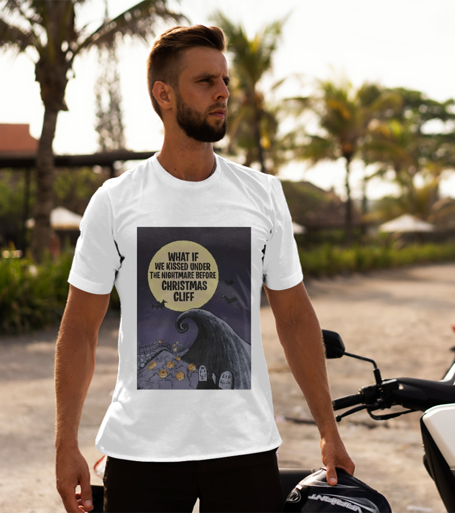 What If We Kissed Under The Nightmare Before Christmas Cliff Halloween Moon Bats Pumpkins Graveyard Scene T-Shirt