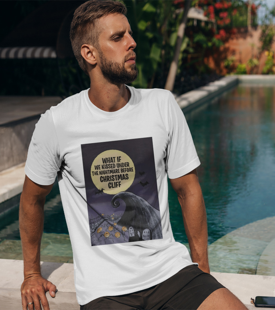 What If We Kissed Under The Nightmare Before Christmas Cliff Halloween Moon Bats Pumpkins Graveyard Scene T-Shirt