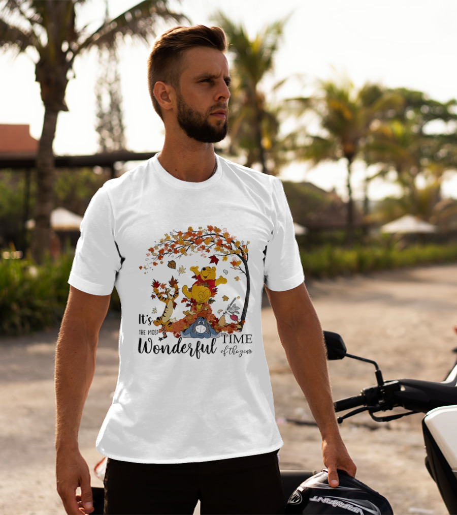 Winnie The Pooh It's The Most Wonderful Time Of The Year Happy Fall Autumn Leaves T-Shirt