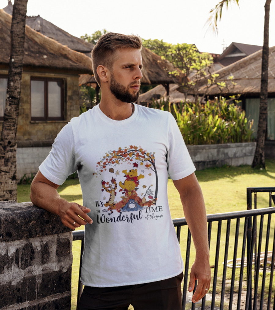 Winnie The Pooh It's The Most Wonderful Time Of The Year Happy Fall Autumn Leaves T-Shirt