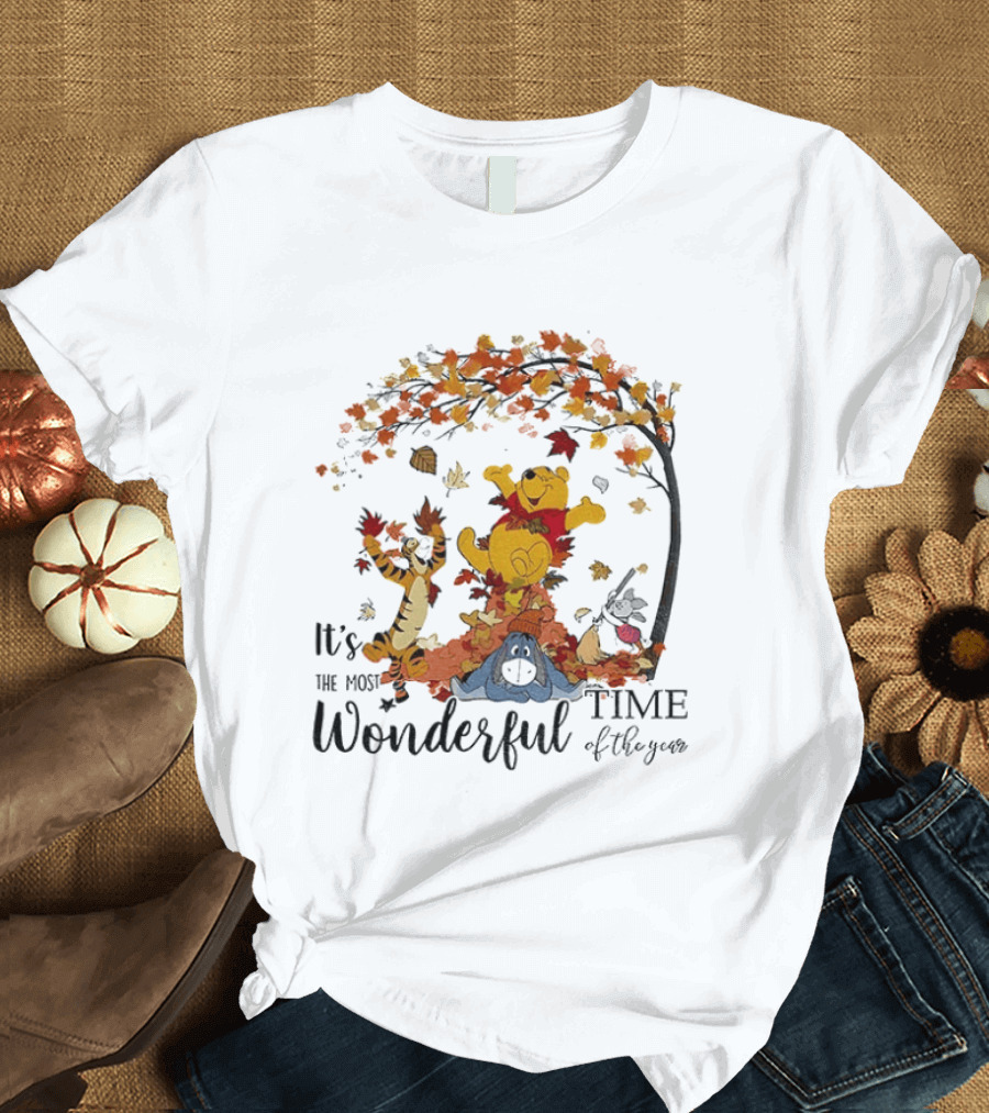 Winnie The Pooh It's The Most Wonderful Time Of The Year Happy Fall Autumn Leaves T-Shirt