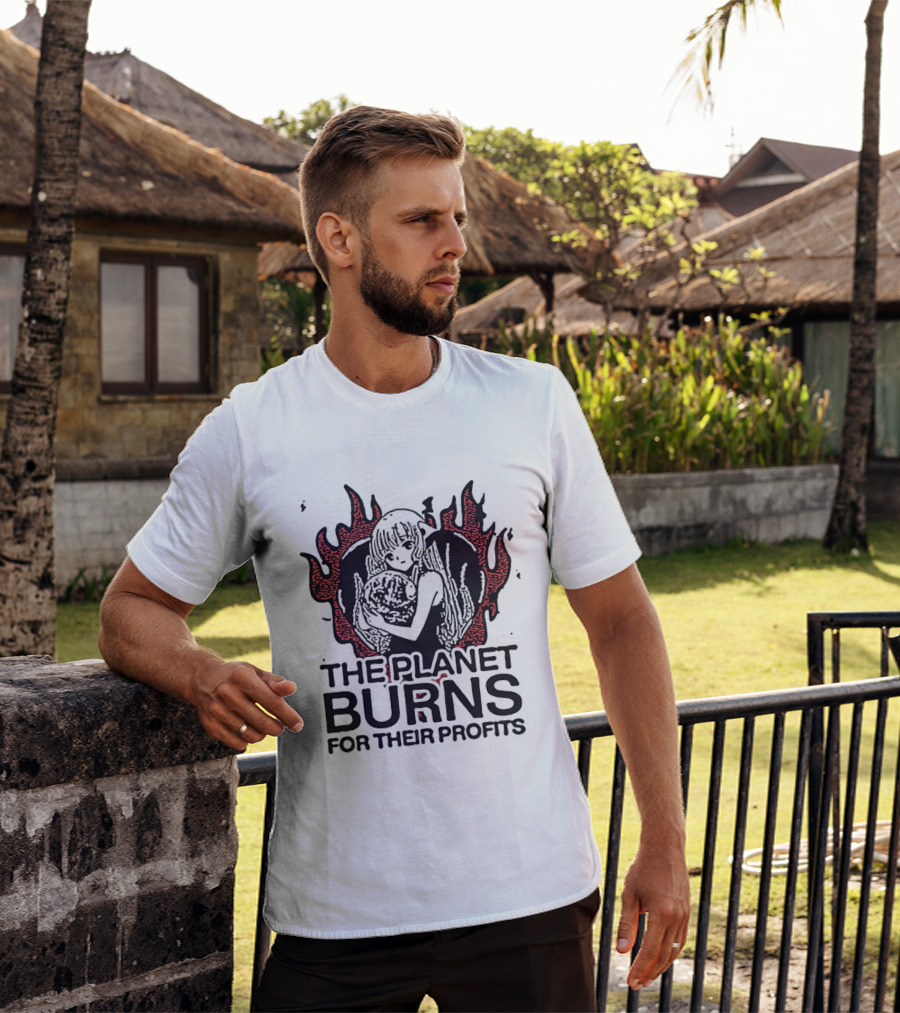 The Planet Burns Anime Girl Holding Earth Fiery Profits T-Shirt