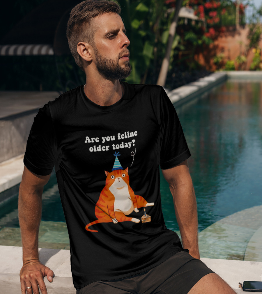Are You Feline Older Today Birthday Cat With Party Hat And Cake T-Shirt
