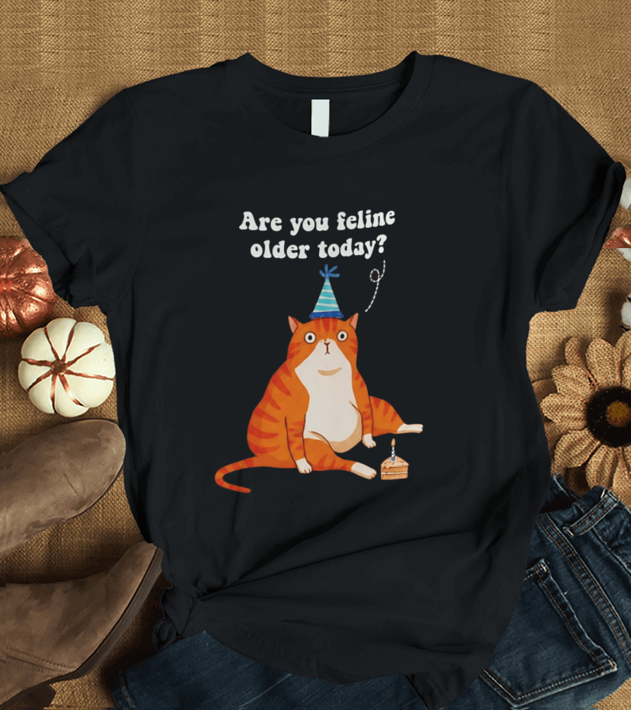 Are You Feline Older Today Birthday Cat With Party Hat And Cake T-Shirt