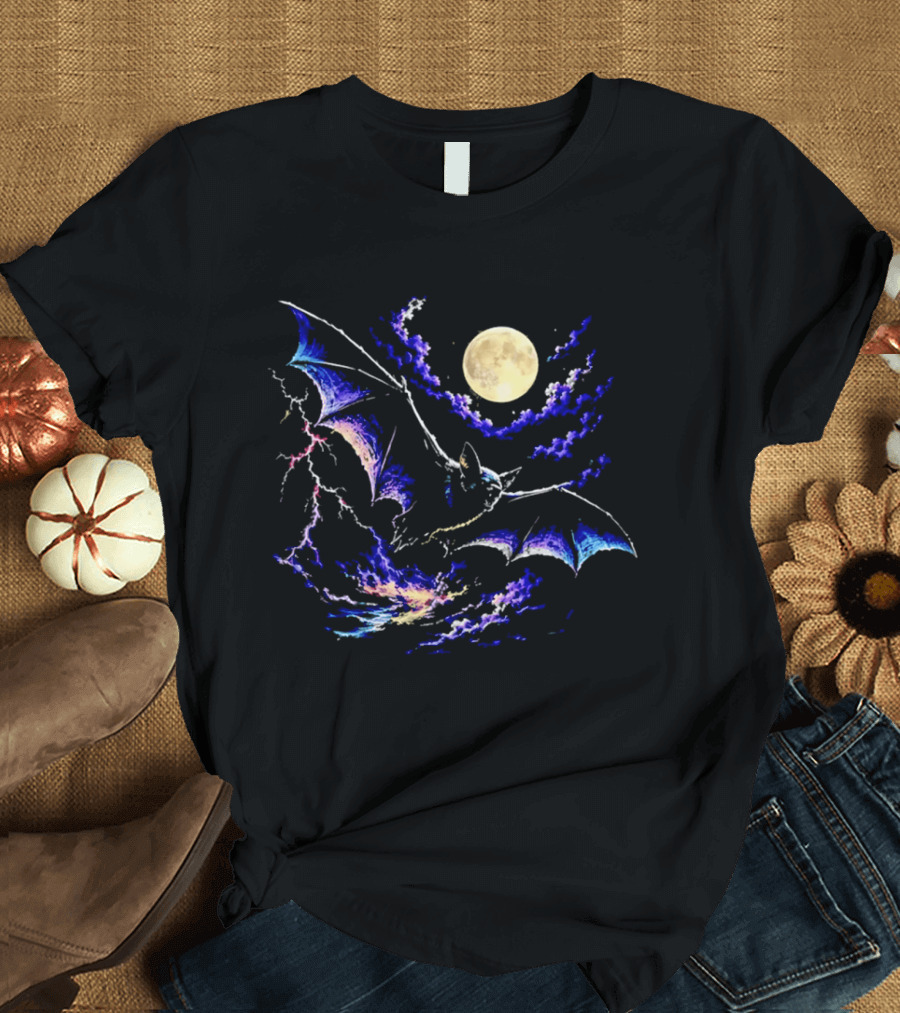 Bat Flying In Stormy Night With Full Moon Lightning And Clouds T-Shirt