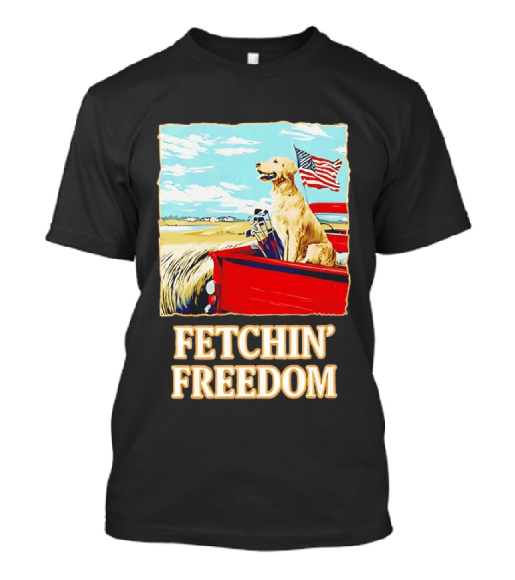 Fetching Freedom Dog And American Flag Scene T-Shirt