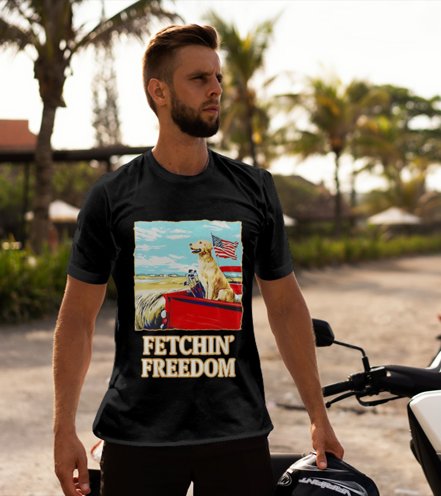 Fetching Freedom Dog And American Flag Scene T-Shirt