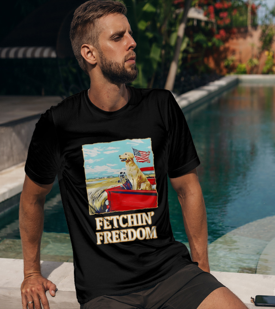 Fetching Freedom Dog And American Flag Scene T-Shirt