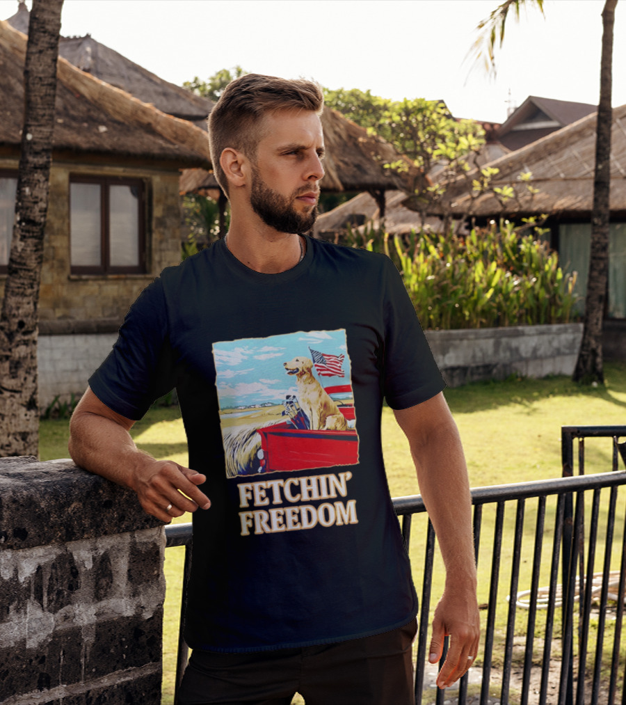 Fetching Freedom Dog And American Flag Scene T-Shirt
