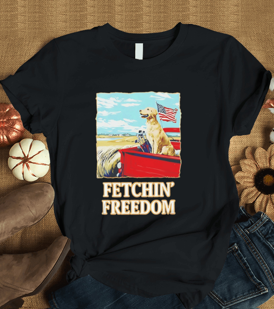 Fetching Freedom Dog And American Flag Scene T-Shirt