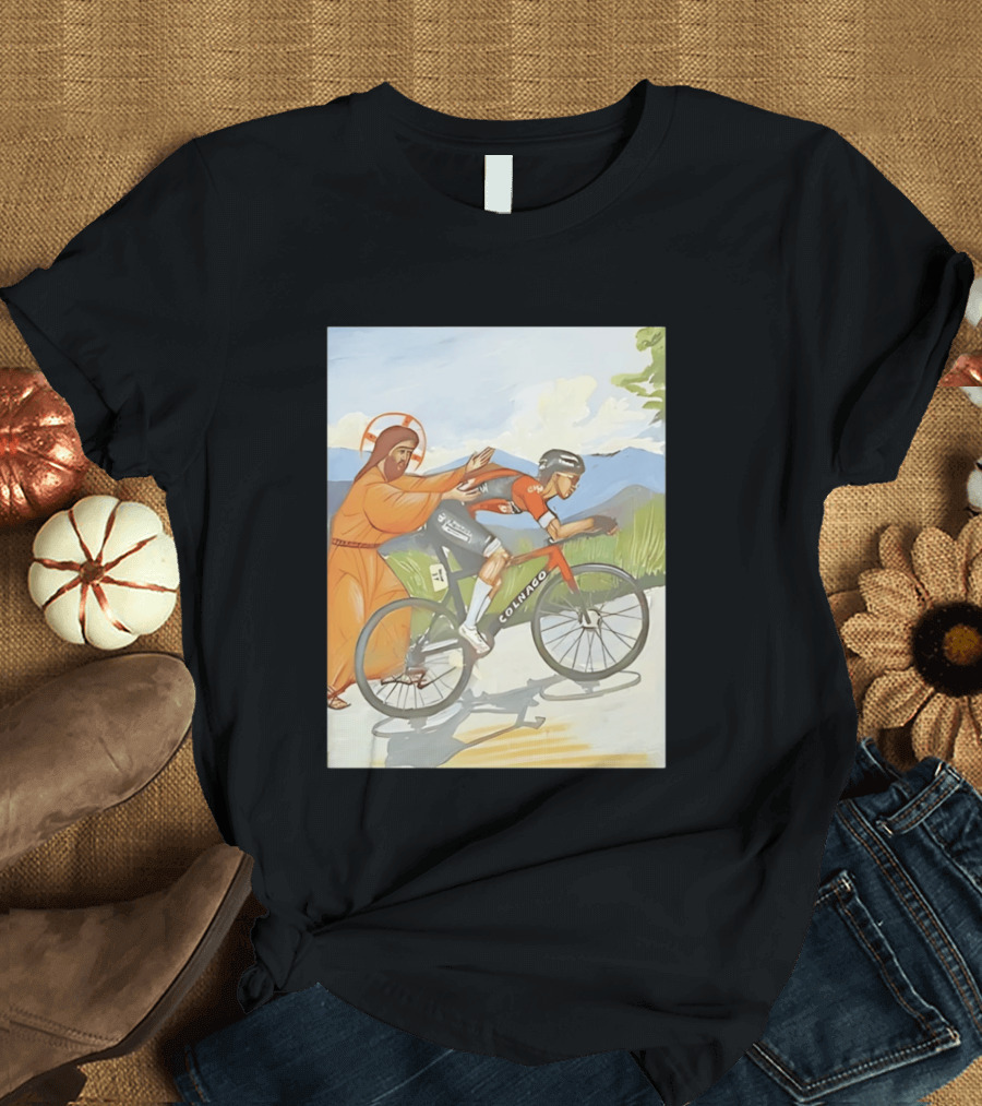 Jesus Gives Tadej Pogačar A Push Colnago Cycling T-Shirt
