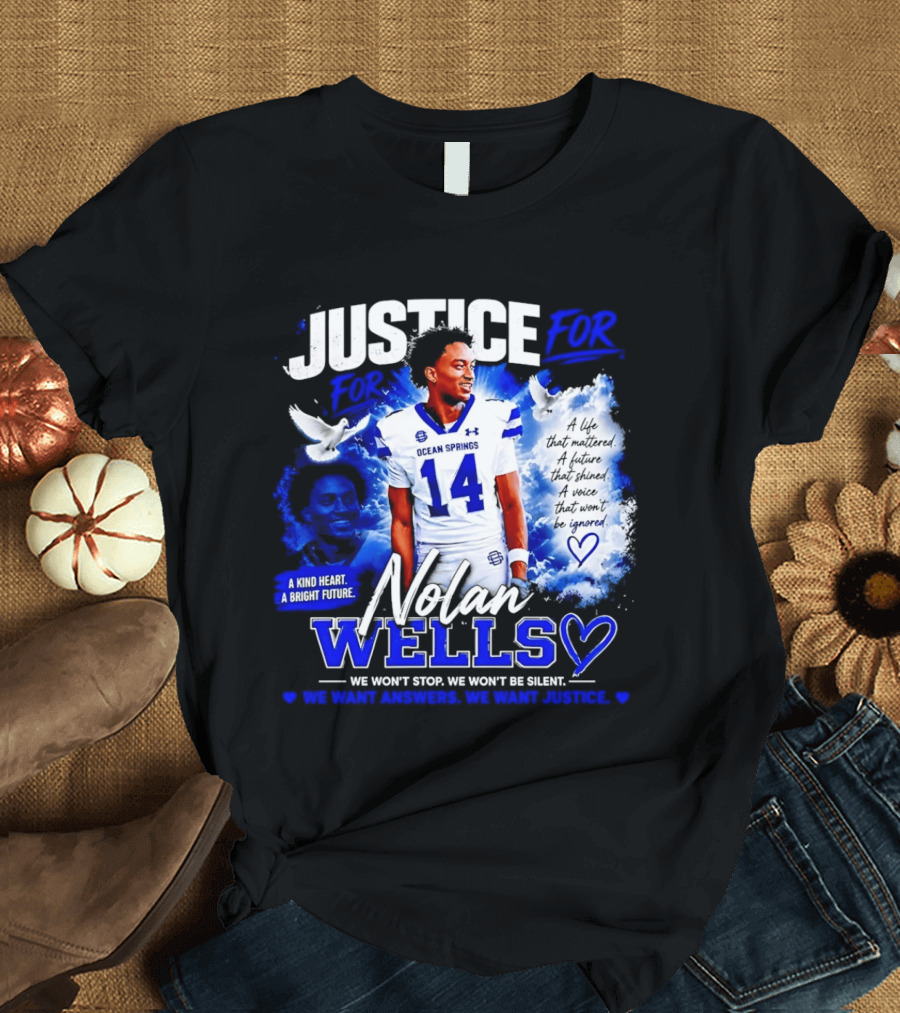 Justice For Nolan Wells Ocean Springs Football Number 14 Ignored Heart We Won't Stop Silent T-Shirt