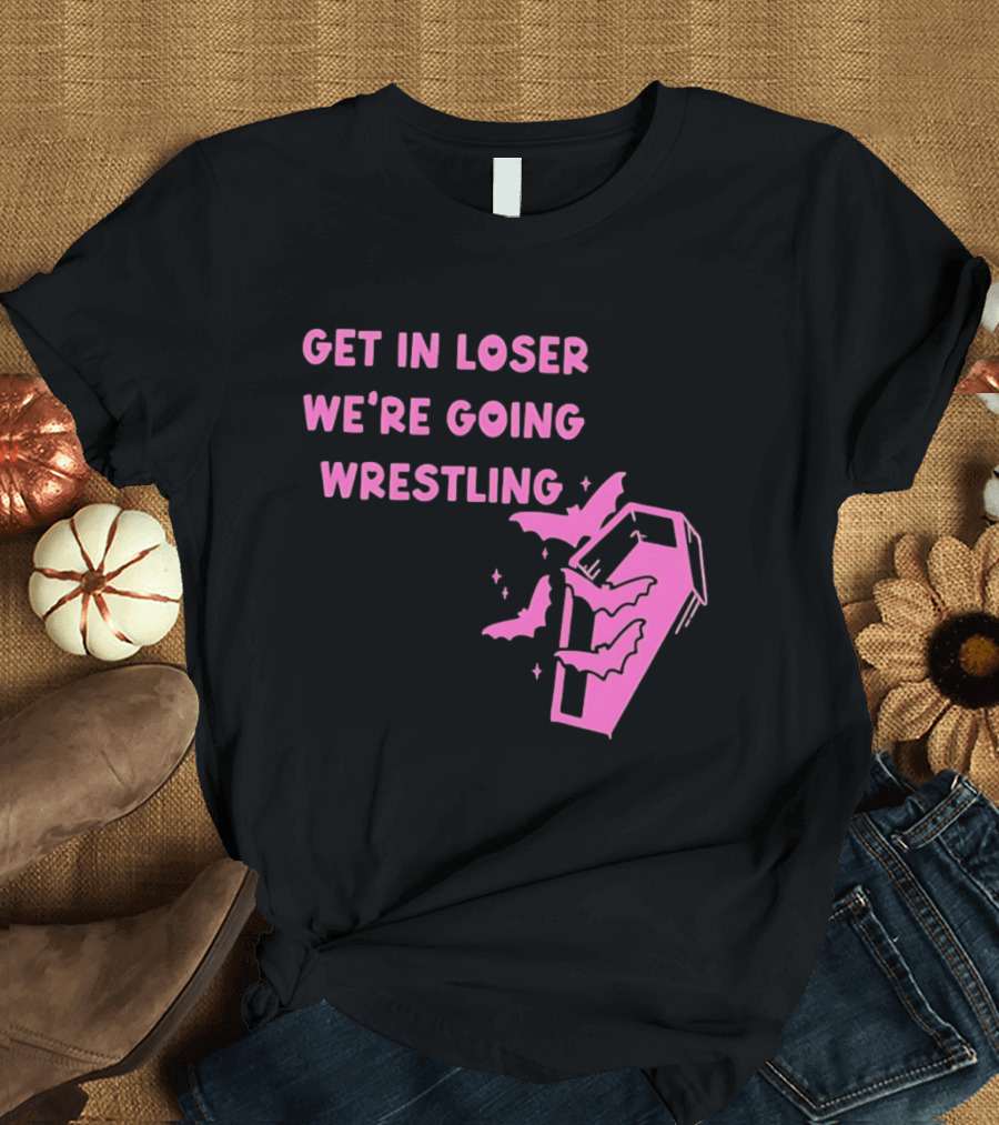 Get In Loser We're Going Wrestling Coffin With Bats And Stars T-Shirt