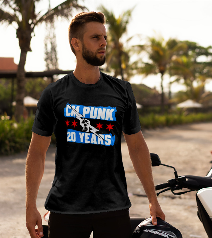 CM Punk 20 Years WWE Flag With Stars And Lightning Fist T-Shirt
