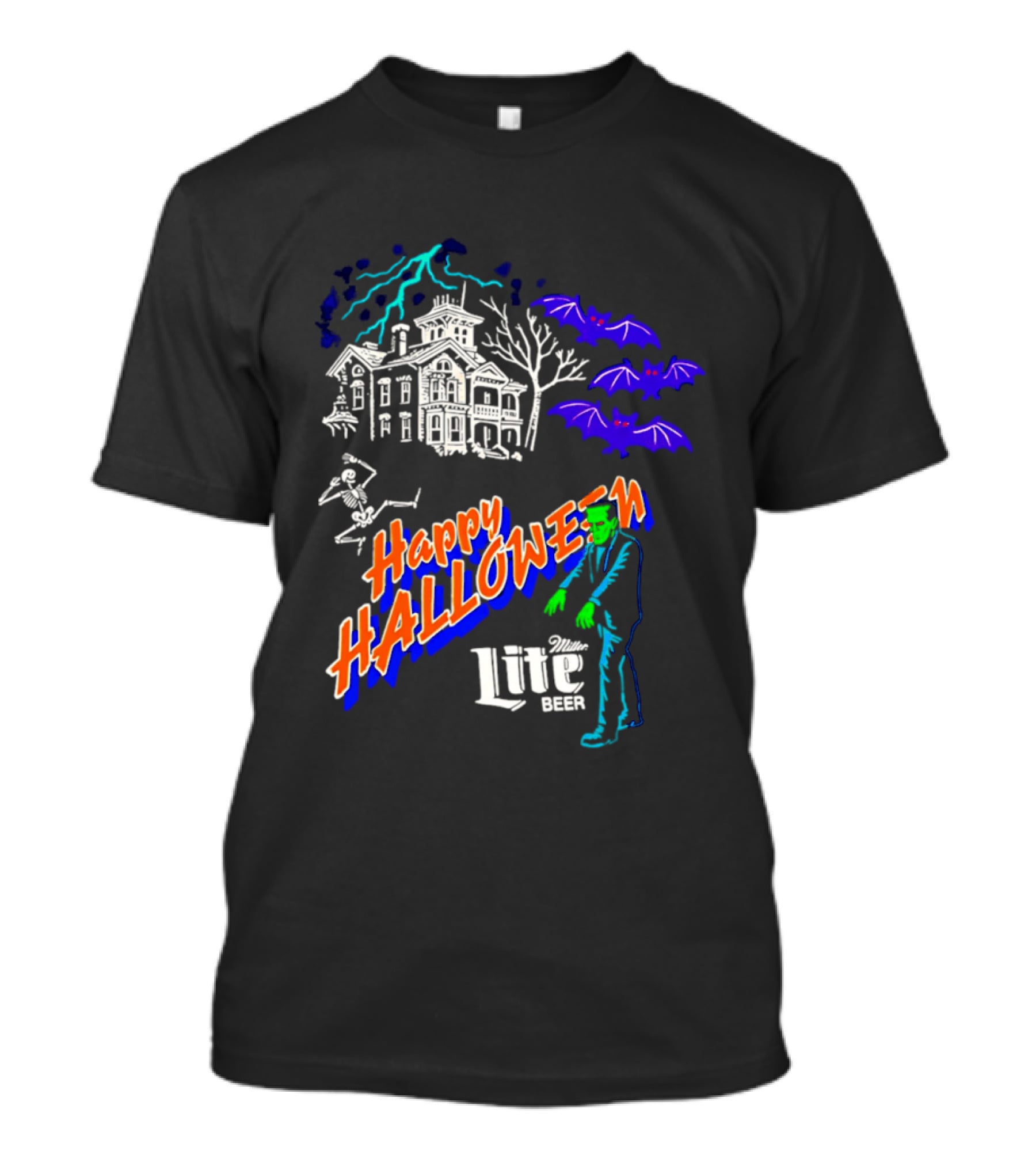 Happy Halloween Miller Lite Beer Haunted House Frankenstein Bats T-Shirt