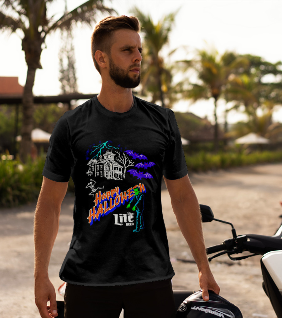 Happy Halloween Miller Lite Beer Haunted House Frankenstein Bats T-Shirt