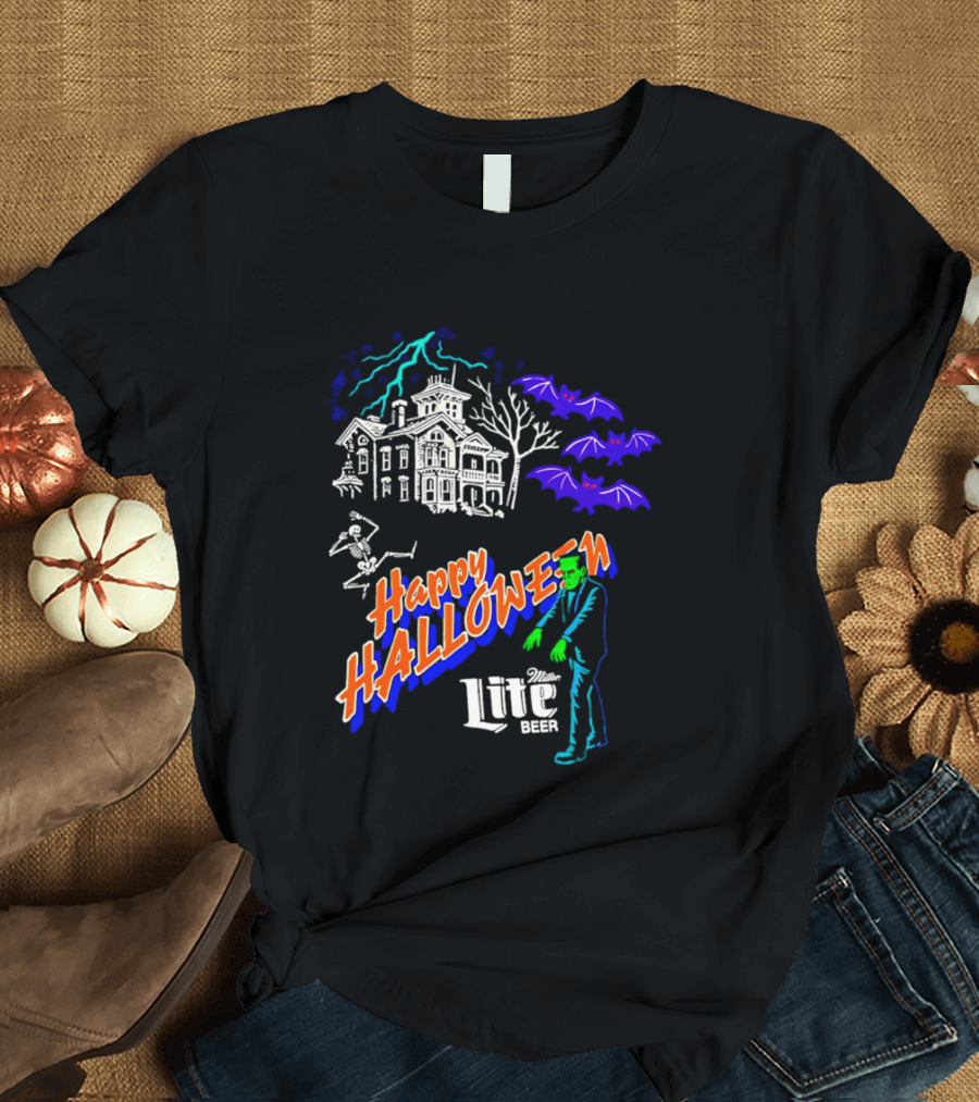 Happy Halloween Miller Lite Beer Haunted House Frankenstein Bats T-Shirt