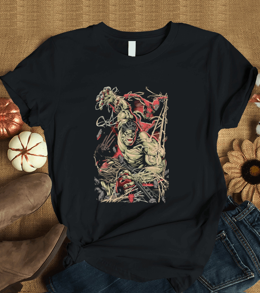 Marvel Hulk Spider Man Dynamic Action Scene T-Shirt