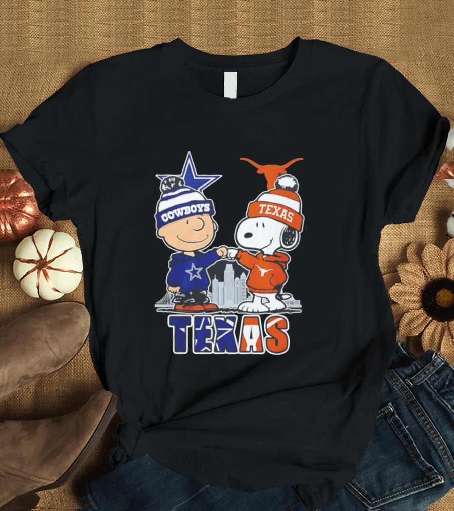 Dallas Cowboys Texas Longhorns Peanuts Characters Stadium Scene T-Shirt