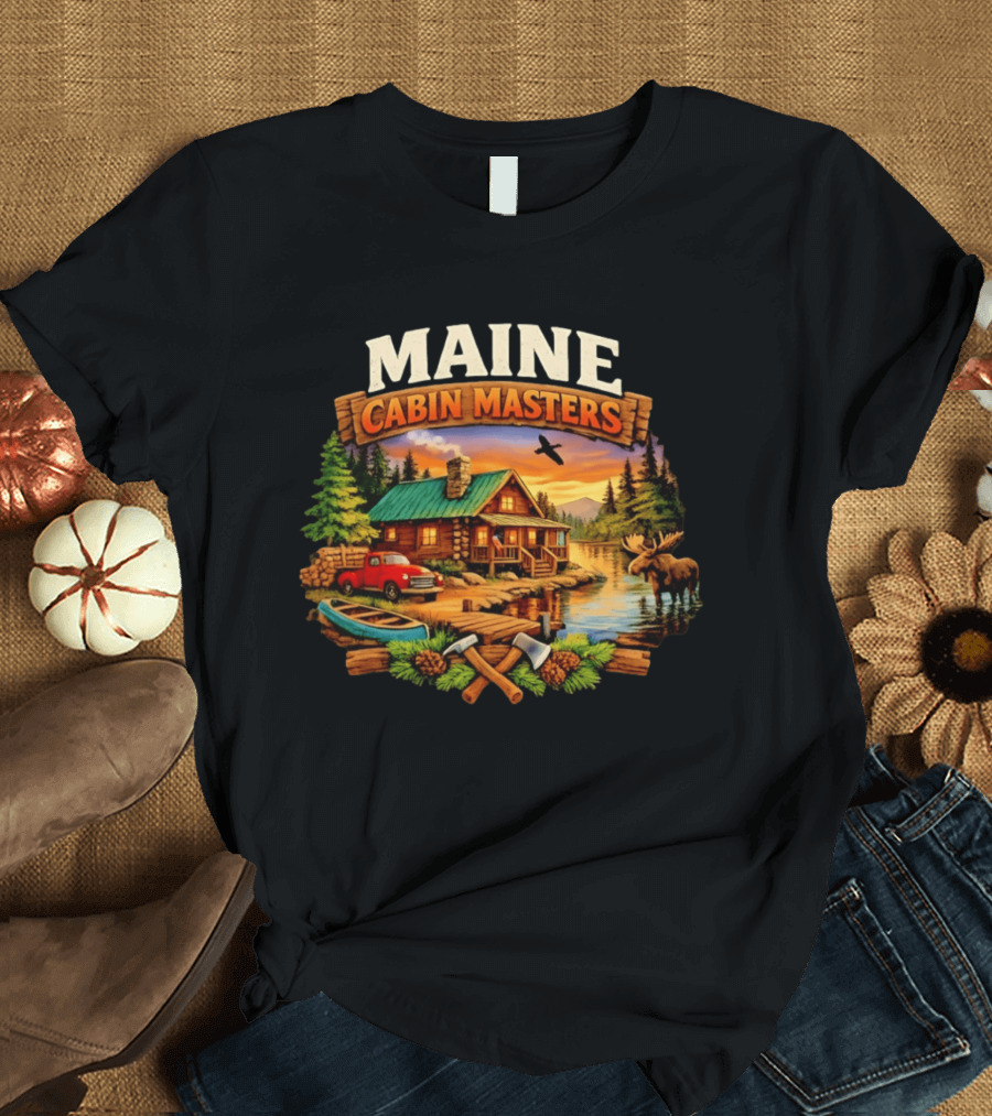 Maine Cabin Masters Rustic Wilderness Scene With Moose And Red Truck T-Shirt