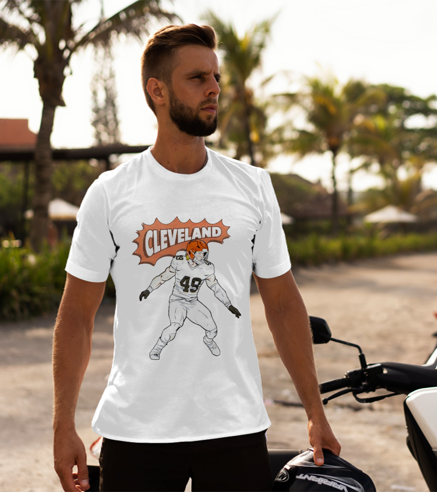 Cleveland Football Comic Style 2026 Player 49 Iconic Helmet T-Shirt