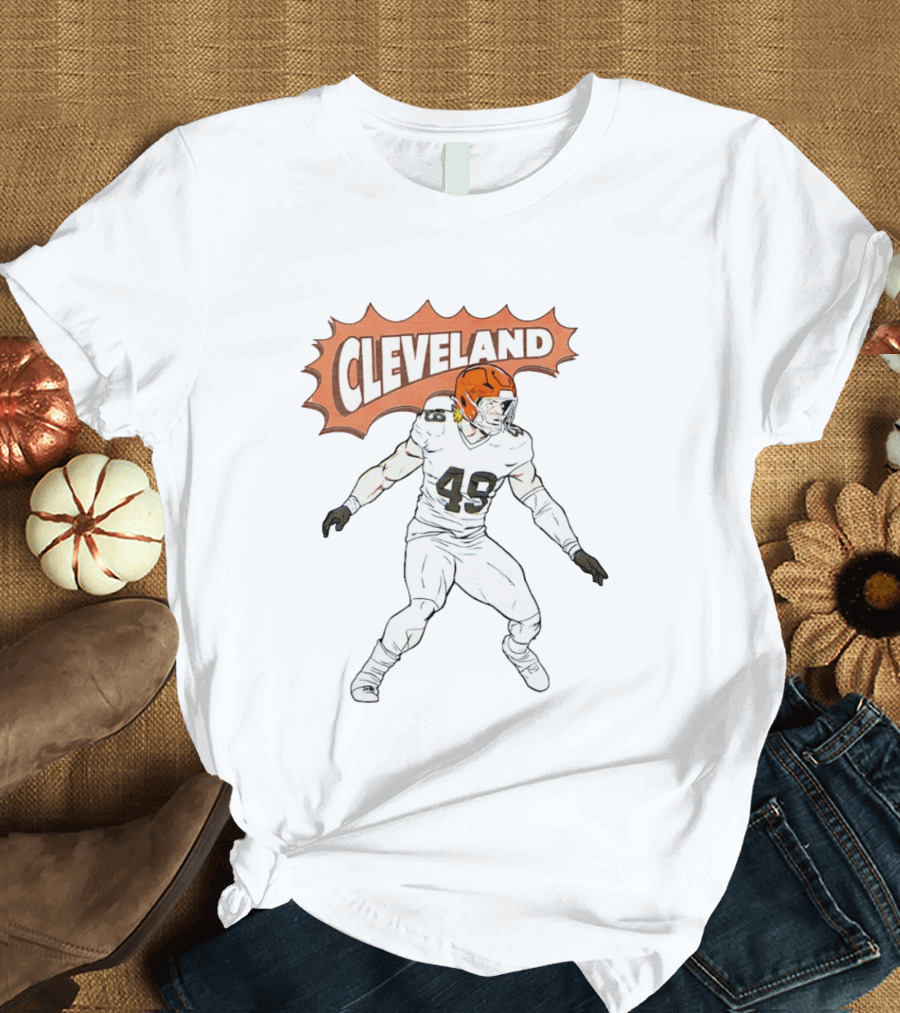 Cleveland Football Comic Style 2026 Player 49 Iconic Helmet T-Shirt