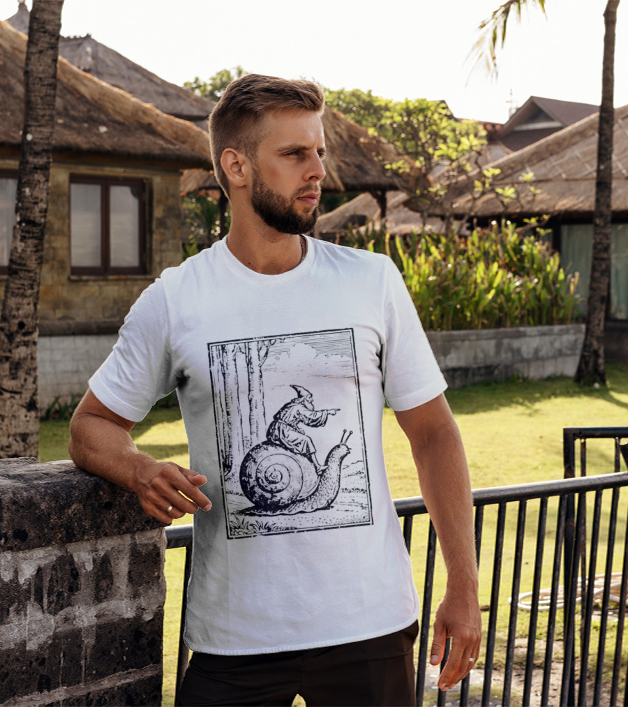 Medieval Snail Rider Wizard Woodcut Fantasy Enchantment T-Shirt