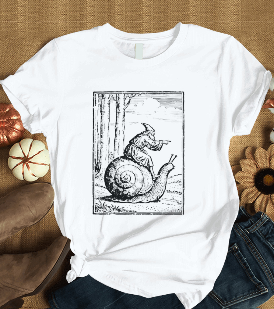 Medieval Snail Rider Wizard Woodcut Fantasy Enchantment T-Shirt