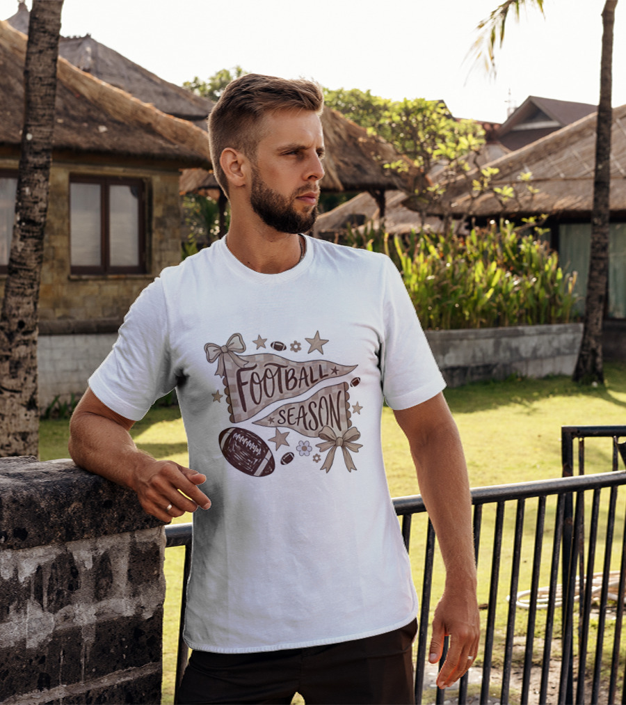 Football Season Pennant Bows And Stars With Footballs T-Shirt
