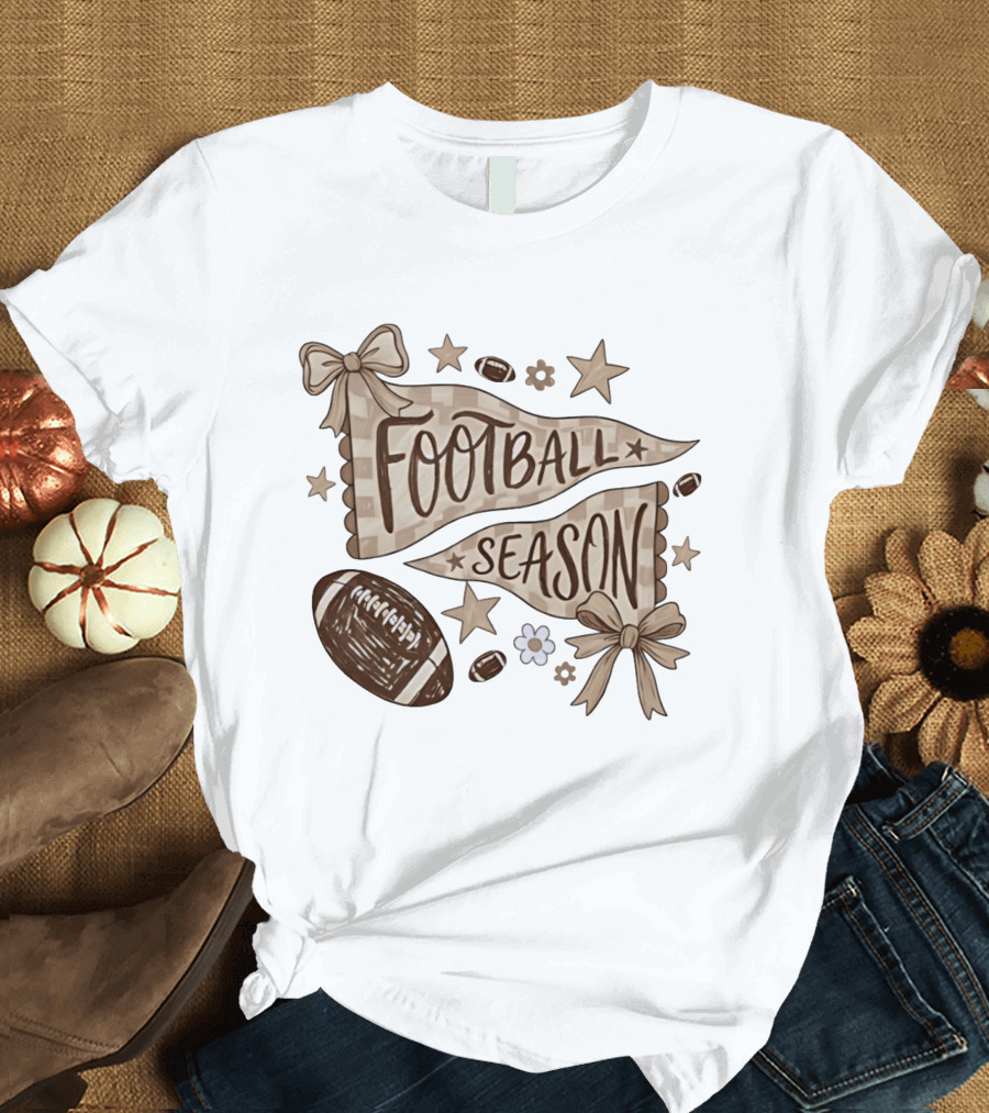 Football Season Pennant Bows And Stars With Footballs T-Shirt
