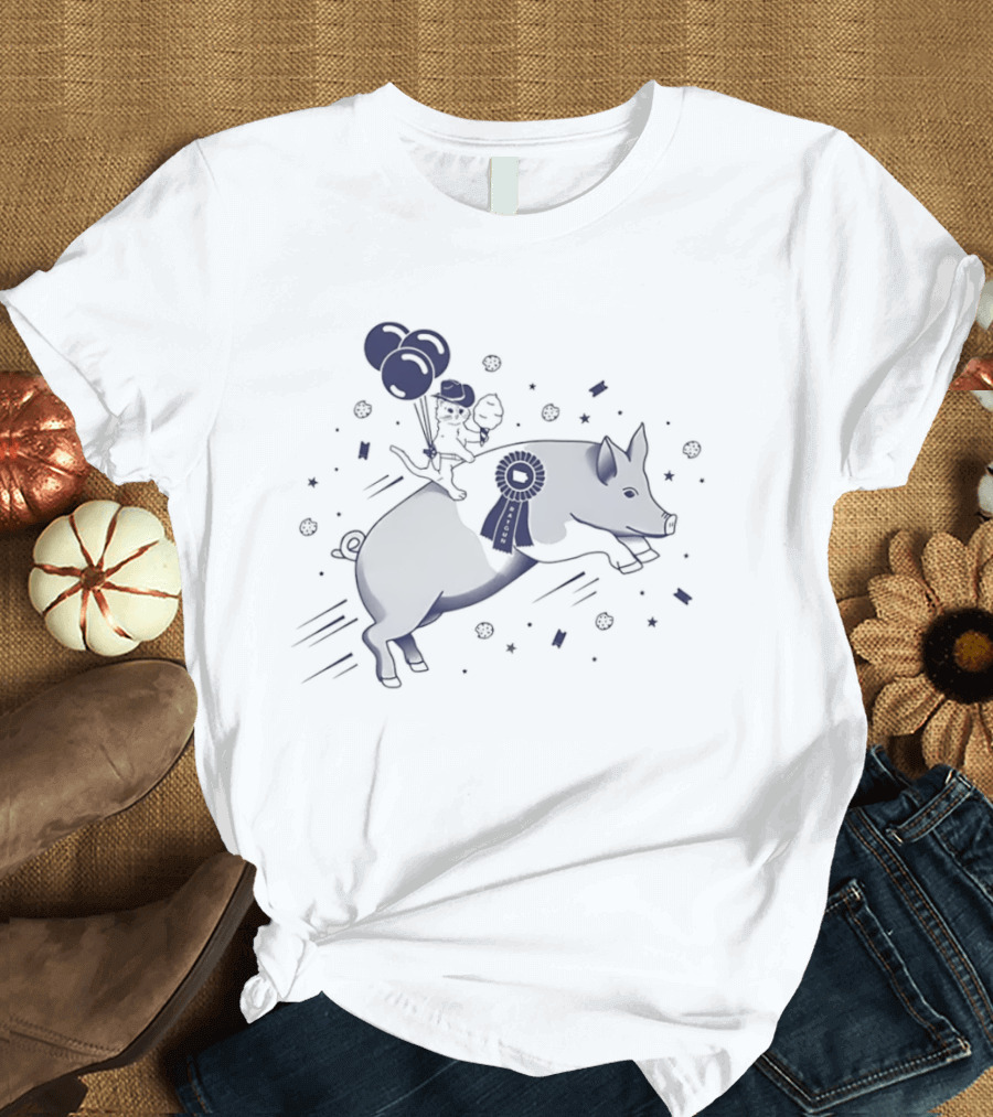 Gary The Cat Riding A Blue Ribbon Pig With Balloons At State Fair T-Shirt