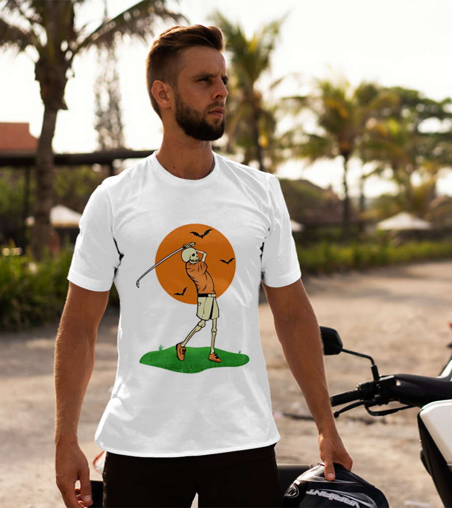 Skeleton Golfer At Sunset With Flying Bats T-Shirt