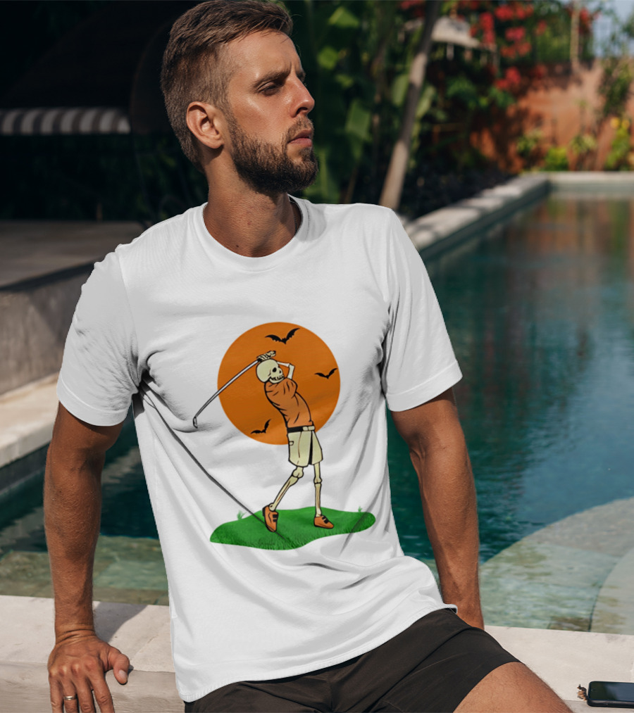 Skeleton Golfer At Sunset With Flying Bats T-Shirt