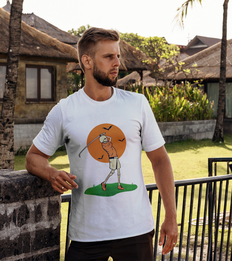 Skeleton Golfer At Sunset With Flying Bats T-Shirt