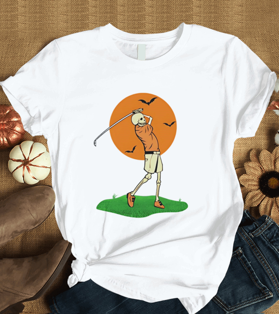Skeleton Golfer At Sunset With Flying Bats T-Shirt