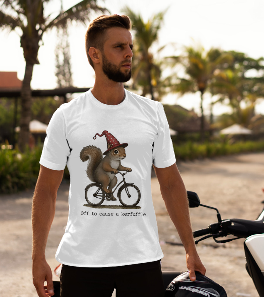 Squirrel In Wizard Hat Riding Bicycle Off To Cause A Kerfuffle T-Shirt